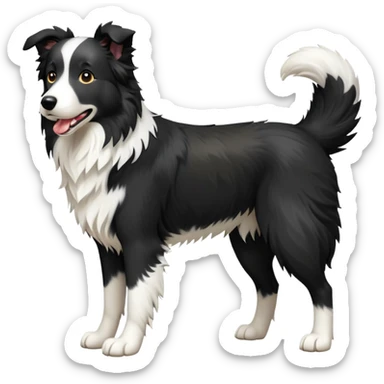cinematic-[border collie dog]-realistic-full-body-sitting-emoji,-tail-resting-loosely-beside-its-paws,-head-tilted-dramatically,-scruffy-[black and white]-fur,-simplified-yet-realistic-focused-features,-highly-detailed,-glowing-with-an-almost-sarcastic-glow sticker