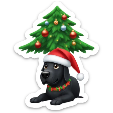 Large black dog under Christmas tree sticker
