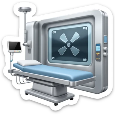 A radiology room showing an X-ray machine and sliding panel bed.
 sticker