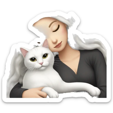 A pretty white girl with very long black hair and sleeping curled up to a white cat  sticker