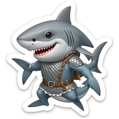 Anthropomorphic shark wearing a gambeson and chainmail coif with messy black hair smiling sticker