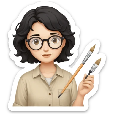 Artist with wavy black hair, round glasses, beige painter's shirt, square paintbrush in hand sticker