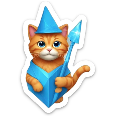 Red cat in a blue triangular cap and with a magic wand sticker