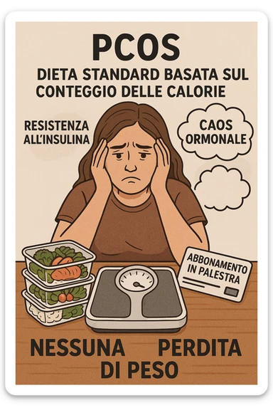 "Desperate woman with PCOS following standard calorie-counting diet, scale showing no weight loss despite strict adherence, expression of confusion and defeat, meal prep containers with healthy foods, insulin resistance making normal dieting ineffective, hormonal chaos overriding caloric deficit principles, gym membership unused due to lack of results scritte in italiano sticker