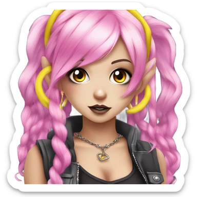 Blue eyed pale hime gyaru girl, hot pink and yellow split-dyed hair, nose ring, elf ears, dark makeup, punk clothes sticker