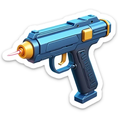 Clash of Clans aesthetic: Cinematic Playful 3D Isometric Laser Gun Emoji, rendered in a 3D vector-style similar to standard emojis with minimal shading and bold, simplified shapes. A compact, distinct form with signature details, softly glowing with a futuristic sci-fi warfare charm. Simplified yet unmistakably iconic, highly detailed and consistent, glowing with a soft radiance and high shine. Stylized with a touch of high-tech brilliance and a soft glowing outline, capturing the essence of a beloved gaming relic with a friendly, playful manner! sticker