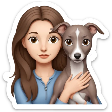 A girl with long brown hair holding a gray Italian Greyhound sticker