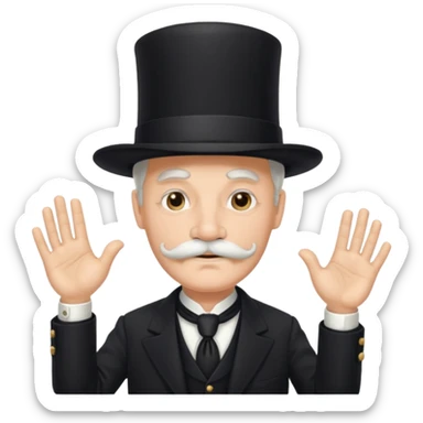 very big white moustachhe and typical 1900 black elegant clothes and hat . politician pose uses hands sticker