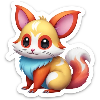  Shiny light warmly-colored reddish-orange-gold-gradients neon vibrant bioluminescent colorful flourishing flurry fuzzy Absol-Minccino-Furret-Zangoose-Chinchilla-Stitch-fusion-animal-Fakémon-hybrid-creature  sticker