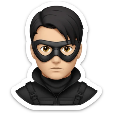 Close-up portrait of an attractive man with piercing eyes, wearing a sleek black tactical mask that covers the lower half of his face. He has sharp jawline definition, dark hair, and a serious, undercover criminal or covert operative look. High contrast, noir lighting, cinematic depth of field. sticker