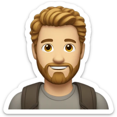 white man with short brown hair and beard pointing sticker