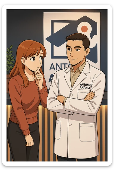 su questo stile fai un manga/webtoon a colori in cui una donna SI TOCCA IL MENTO MENTRE FA UNA DOMANDA ALL'UOMO, l'uomo della foto in stile manga LE SPIEGA CHE DEVE PROVARE LA SUA VALUTAZIONE MEDICA, mantieni un ambiente simile alla foto che ho allegato con il suo logo (sarebbe il suo studio, lui è un kinesiologo), scrivigli "ANTONIO ANANIA" sul camice bianco, non mettere fumetti, ma fai in modo che sembri che la donna CHIEDA E  l'uomo RISPONDA sticker