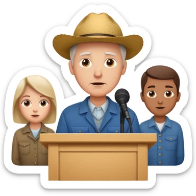 White farmers, one at the podium speaking, others listening attentively sticker