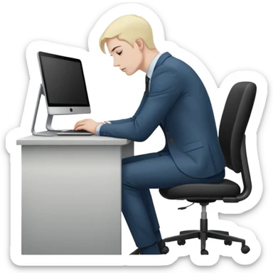Hunched back sitting in office in front of laptop sticker