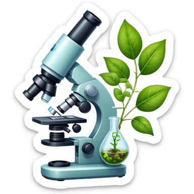 An icon featuring a microscope, a DNA strand, and plant leaves, symbolizing biology. The design includes cells, a test tube with a plant sample, representing life sciences, ecosystems, and the study of organisms. Transparent background highlights the exploration of living systems. sticker