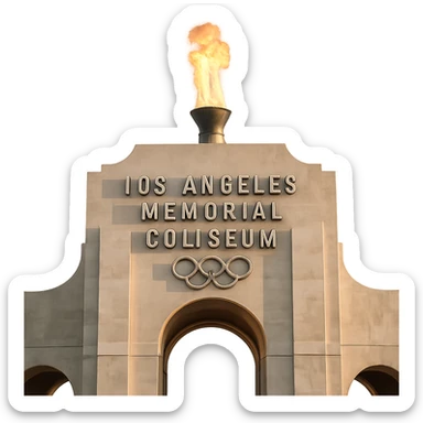 Add a realistic, bright flame coming out of the top of the Olympic Torch at the center of the Los Angeles Memorial Coliseum. Keep the realistic white stone, majestic ornate architecture, lifelike detail, and regal lighting. The fire should be contained to the top of the torch, not surrounding it. Transparent background. sticker