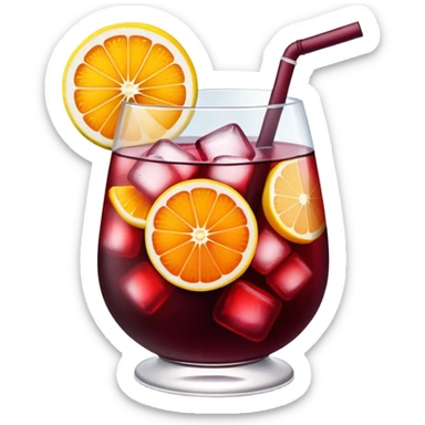 sangria drink with lots of visible ice cubes, wine, fruit slices, extremely cold sticker