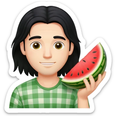 A guy with long black hair with a watermelon sticker