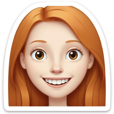 traditional emoji of young girl with very pale skin, long straight muted ginger hair (less vibrant), elongated oval face, bigger human-like eyes positioned close together, wide nose, friendly big smile with very large prominent teeth, less intense expression sticker