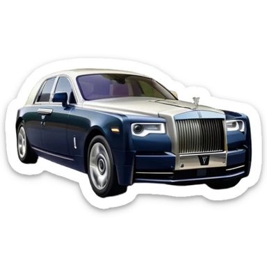 Rolls-Royce Phantom (2022) – cinematic-realistic Rolls-Royce Phantom emoji, its polished silver frame glistening under the sun as it glides down a winding, tree-lined road. The iconic Spirit of Ecstasy hood ornament stands proudly, the V12 engine hums silently  sticker