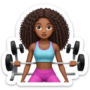 Uma boneca morena escura com olhos castanhos e cabelo cacheado longo até o peito, treinando Gym malhando sticker