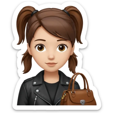 A girl with a pony tail brown hair and white ish skin with a black jacket and a brown purse  sticker