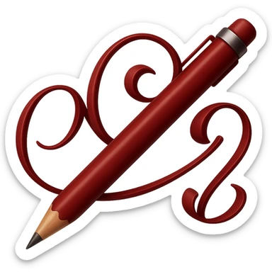 Change the pink writing and pencil to a dark red color, keeping the same emoji style and swirly design, with no background. The original style is emoji style, but since emoji style does not support editing, use the general style to preserve the emoji look and swirly design while changing the colors as requested. sticker