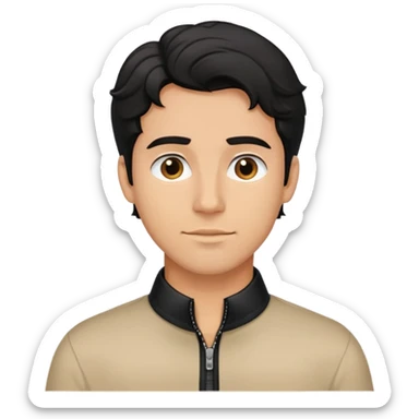 Man with wavy black hair in comfortable black zippered collar shirt, regular fit not tight sticker