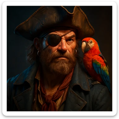 3d digital art of a pirate with eye patch and parrot in sticker