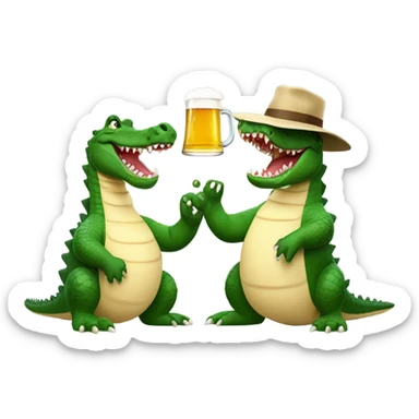 big crocodile throwing his hands in the air with a little hat on drinking beer with a kangaroo sticker