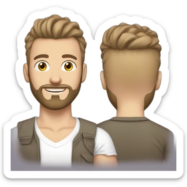 white man with man bun brown and beard with t shirt sticker