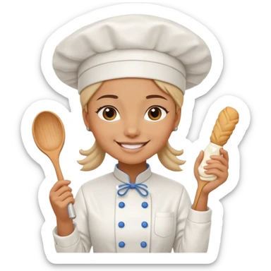 Young female baker - wearing a white chef's hat and holding a cream piping bag sticker