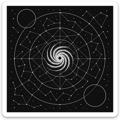 a design for an decorative black and white star map, showing linework of galactic spheres and a constellated ley lines. matrix map. black linework. neat and minimal design, showing expanse and hazards deep into space beyond the galactic core, large tattoo design

 sticker