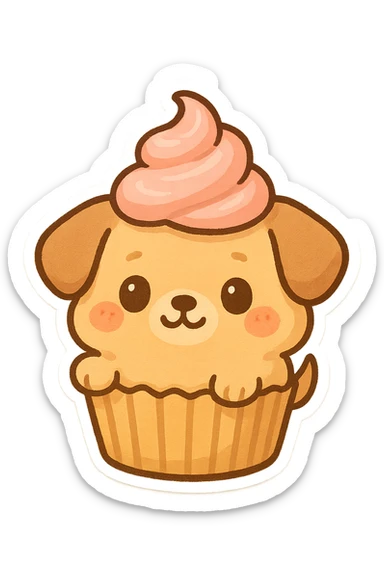 dog-shaped cupcake with pink frosting, adorable and cartoonish style sticker