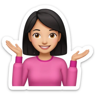 black hair woman with pink outfit and happy face sticker