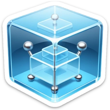 Isometric 3D transparent glass cube with rounded edges, corner bolts, and three floating server layers inside. Holographic panel on top. Cool blue tones on dark navy background.
 sticker