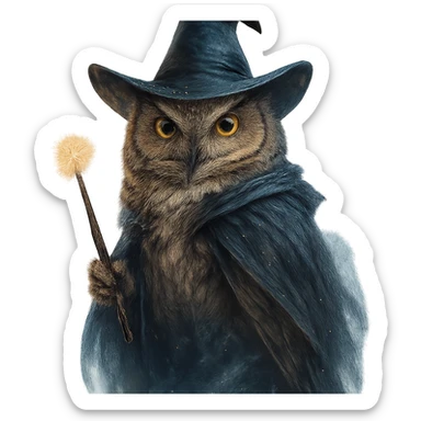 A wizard owl, magical, wearing a pointed hat, holding a wand, detailed feathers, mystical atmosphere. sticker