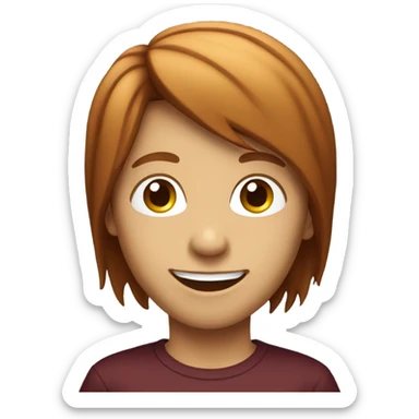 A boy with burgundy hair. His hair is little long and straight. He doesn't wear glasses and is smiling.
 sticker