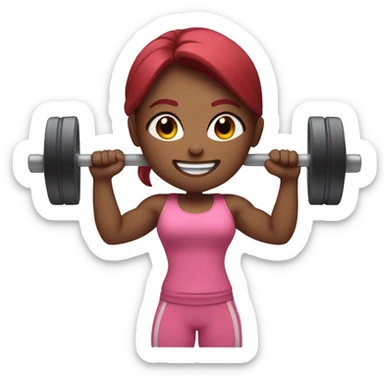 Gym girl lifting weights, pink skin, long and dark red hair, eyes closed, smiling sticker