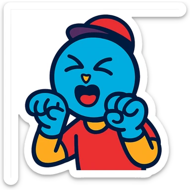 circle face with blue skin, mewing with his hands, vibrant toon style sticker