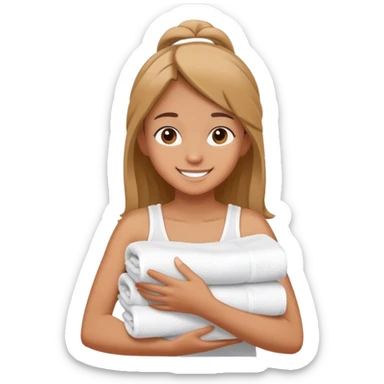 cheerful teenager carrying a stack of towels in her arms sticker