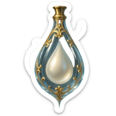 luxurious crystal elixir bottle in tear shape, transparent with pearlescent tear-shaped filling inside, lots of glowing, edges, ornaments, golden details, magical effects, very small golden neck, transparent background, beautiful merging bottom, clearly hanging in the air, no base or shadow, premium class impression, elegant and subtle design, matching a collection of crystal, luxurious, magical bottles sticker