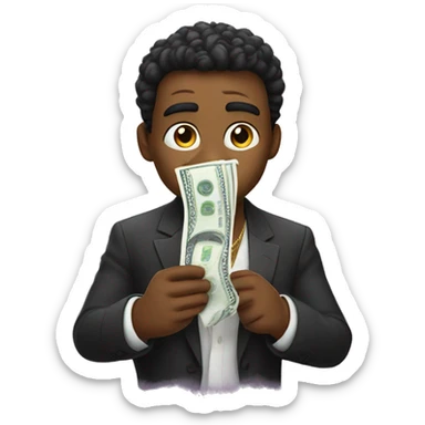 glamorous man wipes away tears with dollars sticker