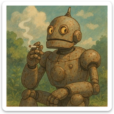 robot with a cigarette sticker