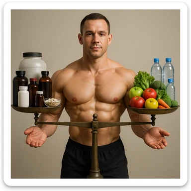 A 35-year-old bodybuilder con equilibrio su uso di sostanze e non. immagine iper realistica, fai una bilancia sticker