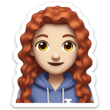 a white girl with long red curly hair and freckles, wearing periwinkle Minecraft hoodie playing a videogame smiling sticker
