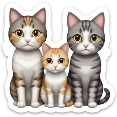 3 different coloured short haired cats including; a dark brown tabby and white cat, and a dark grey and white  sticker