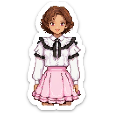 light skin girl, brown eyes, short curly brown hair, white blouse with ruffles, pink skirt with ruffles sticker