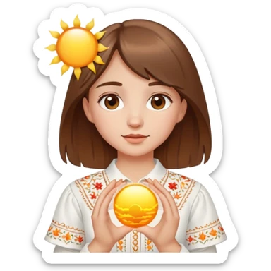 A young Ukrainian girl with brown hair wearing a white embroidered shirt holds the sun in her hands sticker