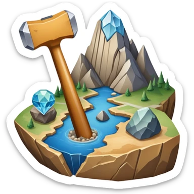 An icon featuring a rock hammer, a fossil, and a geological map, symbolizing geology. The design includes layers of the Earth, a crystal, and a mountain range, representing the study of Earth's structure, materials, and natural processes. Transparent background highlights geological research sticker